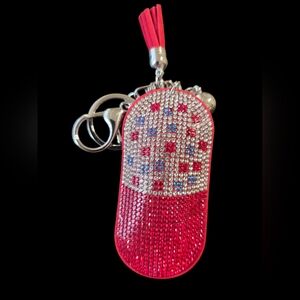 Red Rhinestone Pill Bag Charm Keychain with Tassel